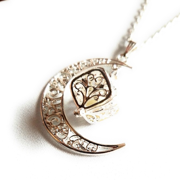 Crescent Moon Glow Necklace - Blue Green - Silver - Picture 2 of 3